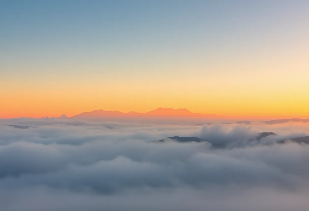 Experience the ethereal beauty of mist-covered mountains in Japan at dawn with this stunning photograph. The soft golden hour light creates a magical atmosphere, outlining the peaks with a warm rim light. The delicate balance between foreground mist and sharp mountaintops invites tranquility and calm. This image beautifully captures the peaceful essence of mountain mornings, perfect for nature lovers and photographers.