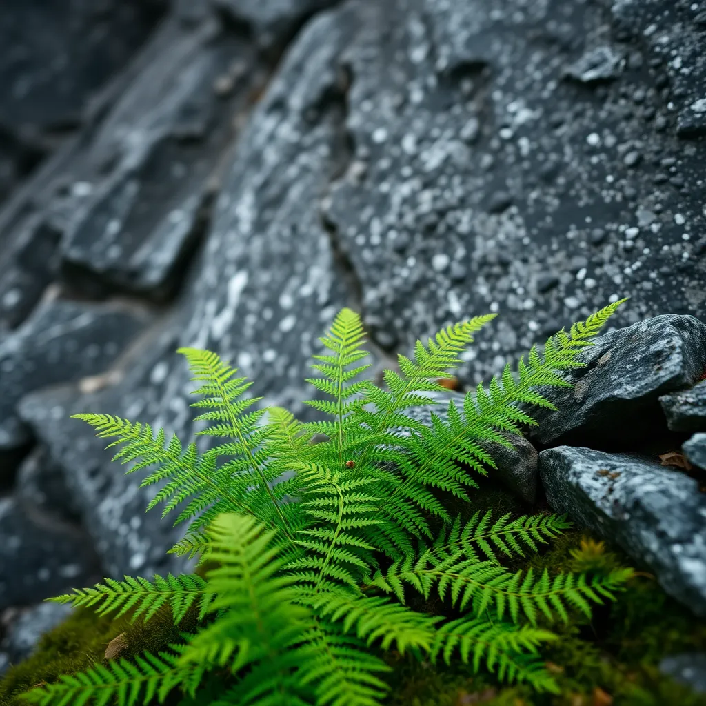 This detailed close-up showcases a vibrant mountain fern flourishing at the base of a rocky outcrop in the Japanese Alps. The overcast light beautifully illuminates the fern’s rich emerald color against the cool gray of the surrounding stone, creating a harmonious natural setting. A shallow depth of field isolates the fern, emphasizing its delicate fronds while blurring the rocky backdrop into a soft bokeh. This image encapsulates the intricate beauty of alpine flora, offering insight into Japan's diverse ecosystems.