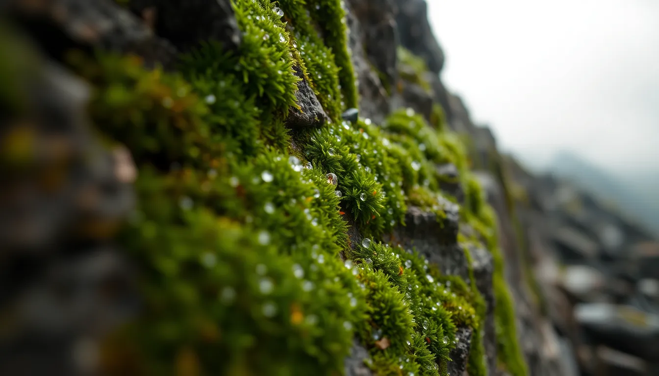 Dew-Covered Moss in Japanese Mountains