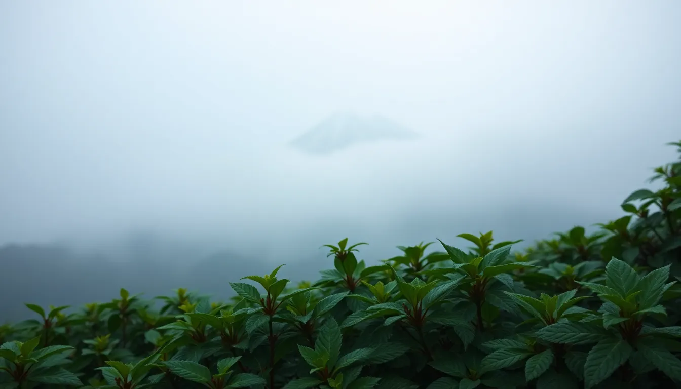 This enchanting photograph features the iconic Mount Fuji shrouded in a thick blanket of fog on a tranquil morning. Soft diffuse light creates a mystical ambiance, highlighting the serene landscape. The foreground is filled with greenery softly blurred, allowing for a smooth transition to the mountain. The composition follows the rule of thirds, drawing attention to the majestic peak while showcasing the intricate textures of the foliage.