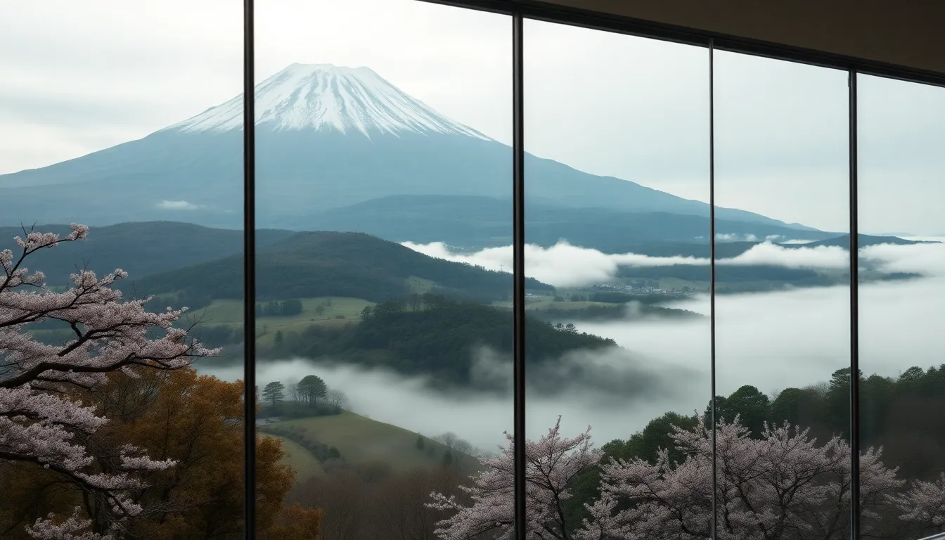 This serene image captures the iconic Mount Fuji enveloped in morning mist, part of Japan's stunning mountainous landscape. Soft cherry blossoms bloom in the foreground, adding delicate pink hues that contrast with the muted earth tones of the hills. The overcast lighting enhances the tranquil mood, while the sharp detail of the scenery draws the viewer into the peaceful mountain atmosphere.