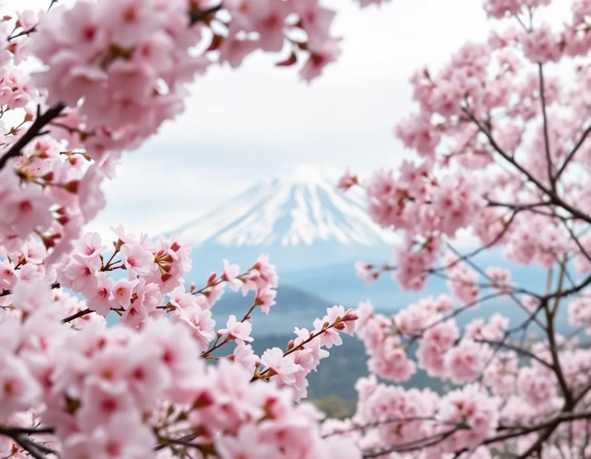 Experience the tranquil beauty of Mount Fuji enveloped in cherry blossoms in this breathtaking photograph. The soft pink petals create a delicate foreground, while the mountain rises majestically in the background. Overcast lighting provides gentle illumination, enhancing the pastel color palette and serene atmosphere. This image captures the iconic Japanese landscape at a peaceful moment, perfect for nature lovers and cultural enthusiasts.