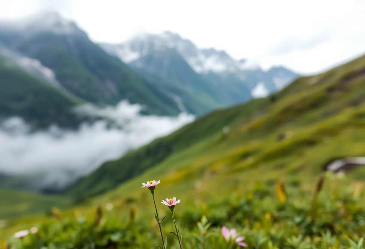 This serene photograph showcases a solitary wildflower amidst the breathtaking backdrop of the Japanese Alps. The soft light of an overcast sky highlights the natural beauty of the mountains, shrouded in mist. The delicate flower stands in sharp focus, drawing attention to its vibrant colors and intricate details. This image captures the peaceful essence of Japan's mountainous regions in a late spring setting.