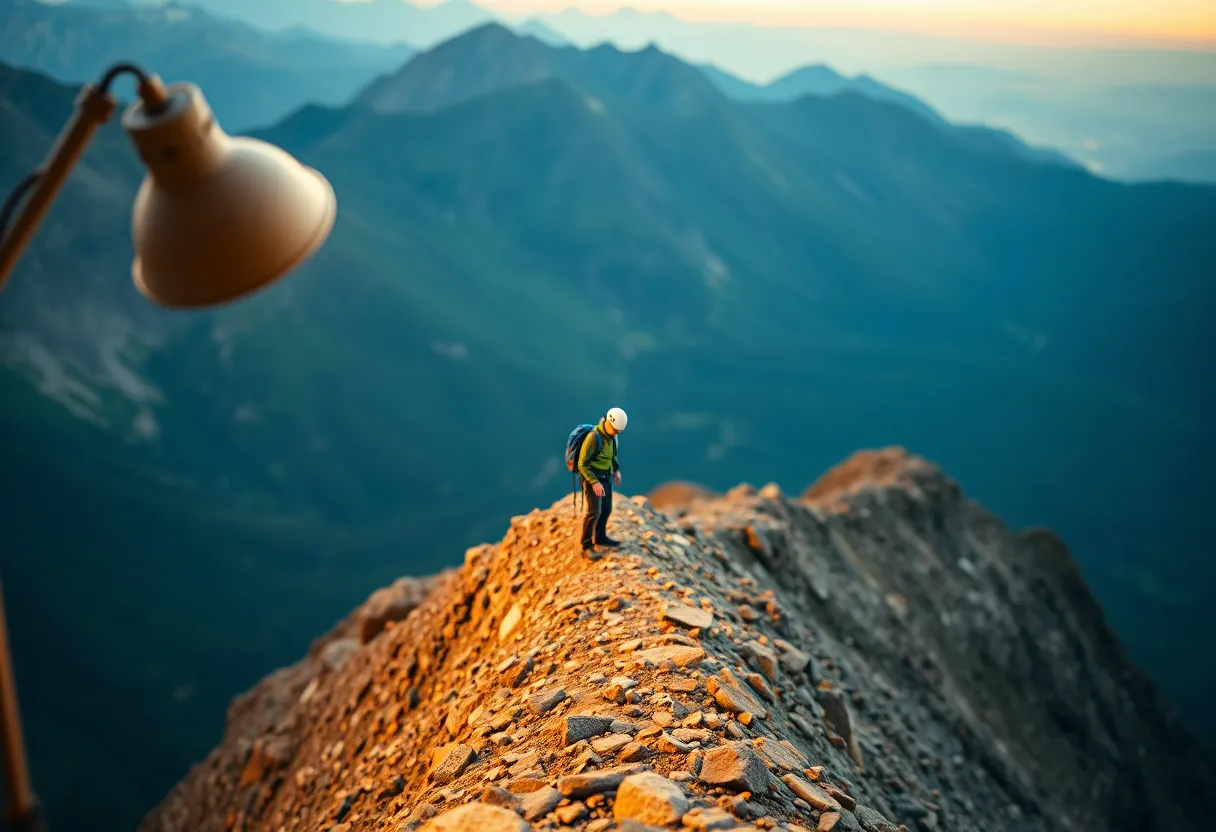 This captivating image features a lone climber standing triumphantly on a ridge, surrounded by the vibrant peaks of Japan's mountains. The warm light beautifully contrasts with the cool colors of the landscape, creating a striking focal point. The shallow depth of field draws attention to the climber while softening the enchanting mountain background. The rich saturation captures the essence of nature's beauty, enhancing the textures of the rocky terrain and the climber’s gear.