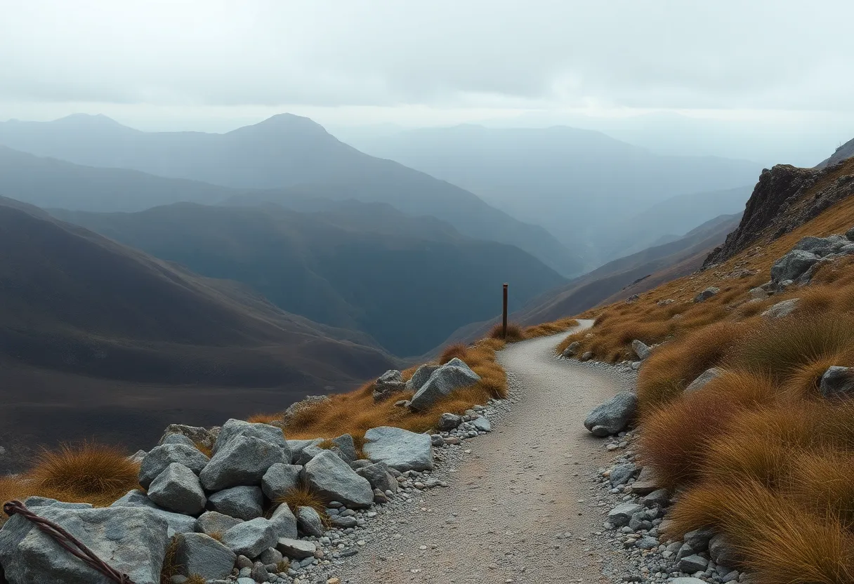 This evocative image features the layered mountains of Japan shrouded in soft mist under an overcast sky. Captured in diffused daylight, the subtle colors reveal the majestic landscape's contours. Leading lines of a winding path invite exploration, guiding the viewer's gaze through the scene. The textural contrast between the rugged terrain and the gentle mist creates a compelling depth that immerses the viewer in this tranquil, atmospheric moment.