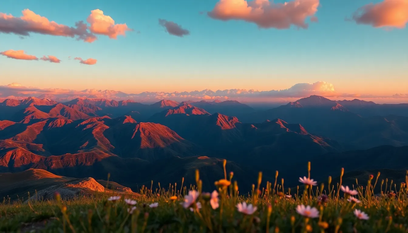This stunning landscape image captures the Japanese Alps in the warm light of sunset, creating an enchanting palette of pinks and purples in the sky. The rugged mountain range is highlighted by long shadows that stretch across the terrain. A hyperfocal depth of field keeps the entire scene sharp, emphasizing both distant peaks and vibrant wildflowers in the foreground. The composition masterfully balances these elements, enriching the visual experience with rich textures and colors that evoke the serenity of nature.