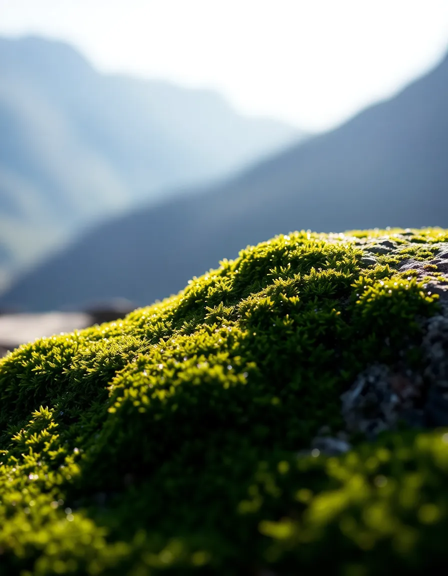 In this detailed macro shot, a moss-covered stone takes center stage, capturing the essence of Japan's lush natural beauty. Dewdrops glisten on the moss in soft daylight, creating a tranquil yet vibrant scene. The blurred mountain range in the background adds depth and context, reminding viewers of the grandeur surrounding this intimate moment. The composition and color palette highlight the rich textures of the moss, inviting appreciation for even the smallest elements of nature.