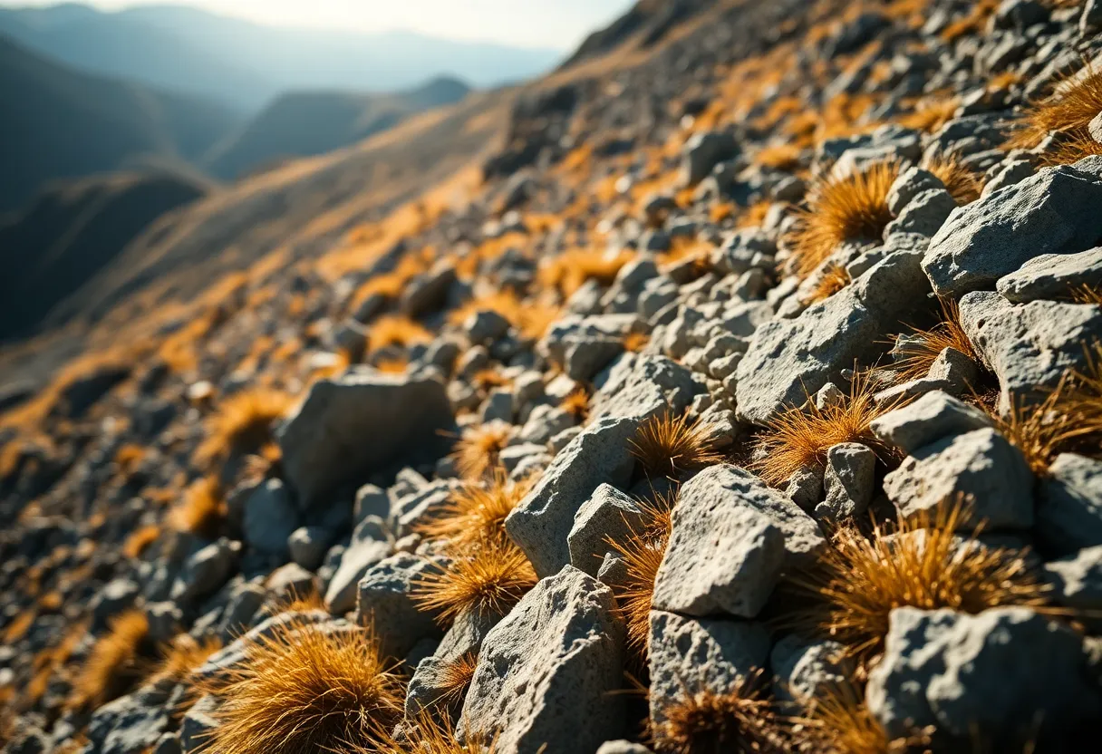 Delve into the textural details of the rocky slopes in the Japanese Alps with this striking macro photograph. The interplay of harsh sunlight creates dramatic contrasts, revealing the intricate surfaces of the rocks and the delicate grasses. Natural muted tones dominate the scene, enhancing the earthy feel. This image invites viewers to appreciate the raw beauty of Japan's mountainous landscapes, ideal for nature and adventure photography.