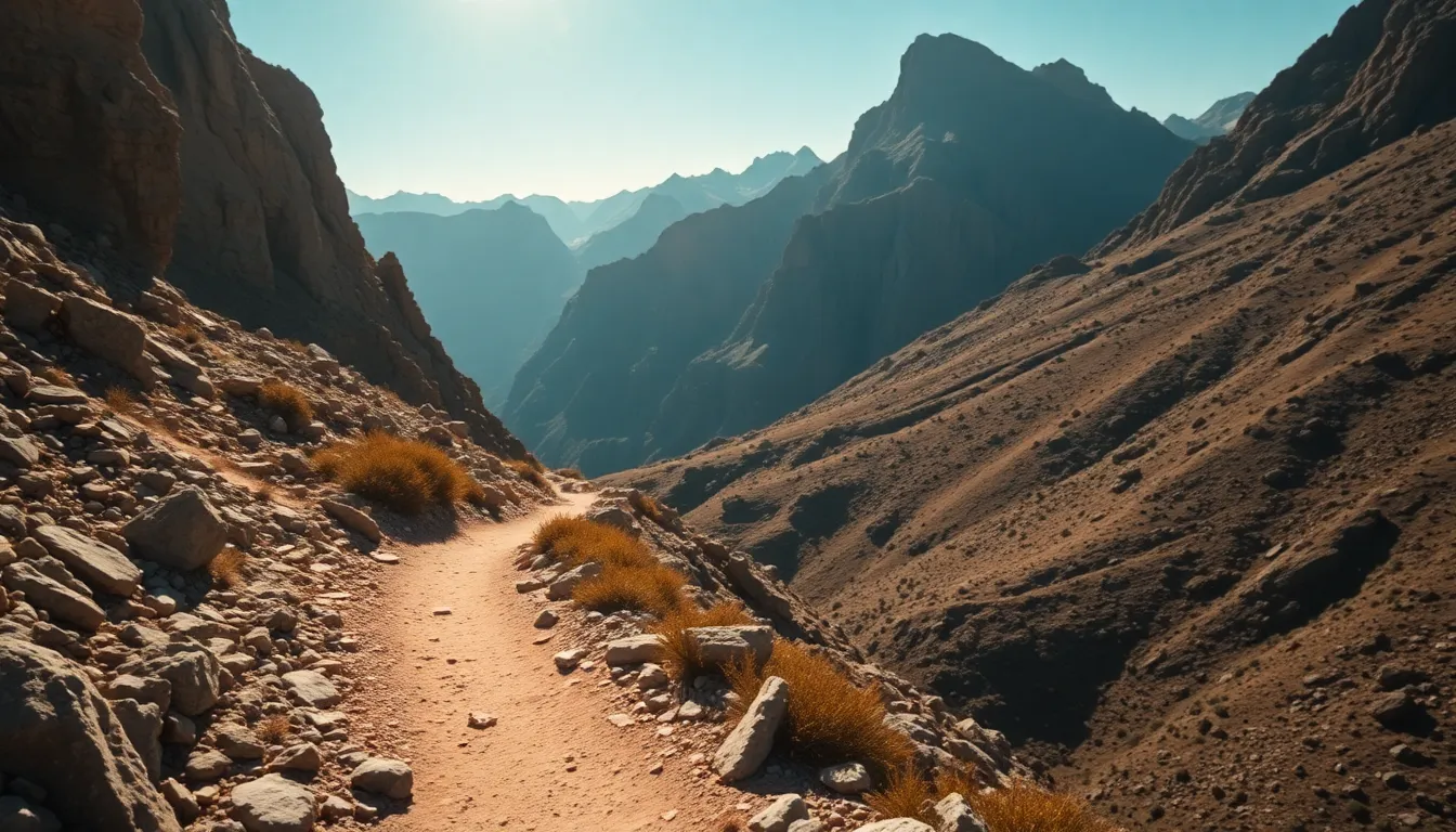 This dynamic mountain scene captures a winding trail that leads through rugged terrain under the bright midday sun. The dramatic contrasts of light and shadow highlight the textures of the rocky formations, while the cinematic color grading adds an artistic flair. The composition uses leading lines to draw the viewer deeper into the landscape, evoking a sense of adventure and exploration.