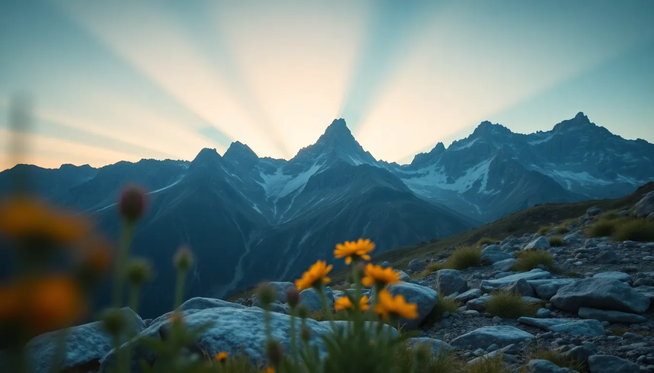 Dramatic Storm Over Rugged Mountains This striking image captures the intensity of an approaching storm over a rugged mountain range. Dark storm clouds loom ominously, contrasting with the illuminated peaks bathed in warm light. The composition uses leading lines to guide viewers’ eyes toward the mountains, while foreground rocks and grass provide texture and depth. Perfect for those seeking dramatic natural imagery, this scene encapsulates the raw beauty and power of mountain landscapes.