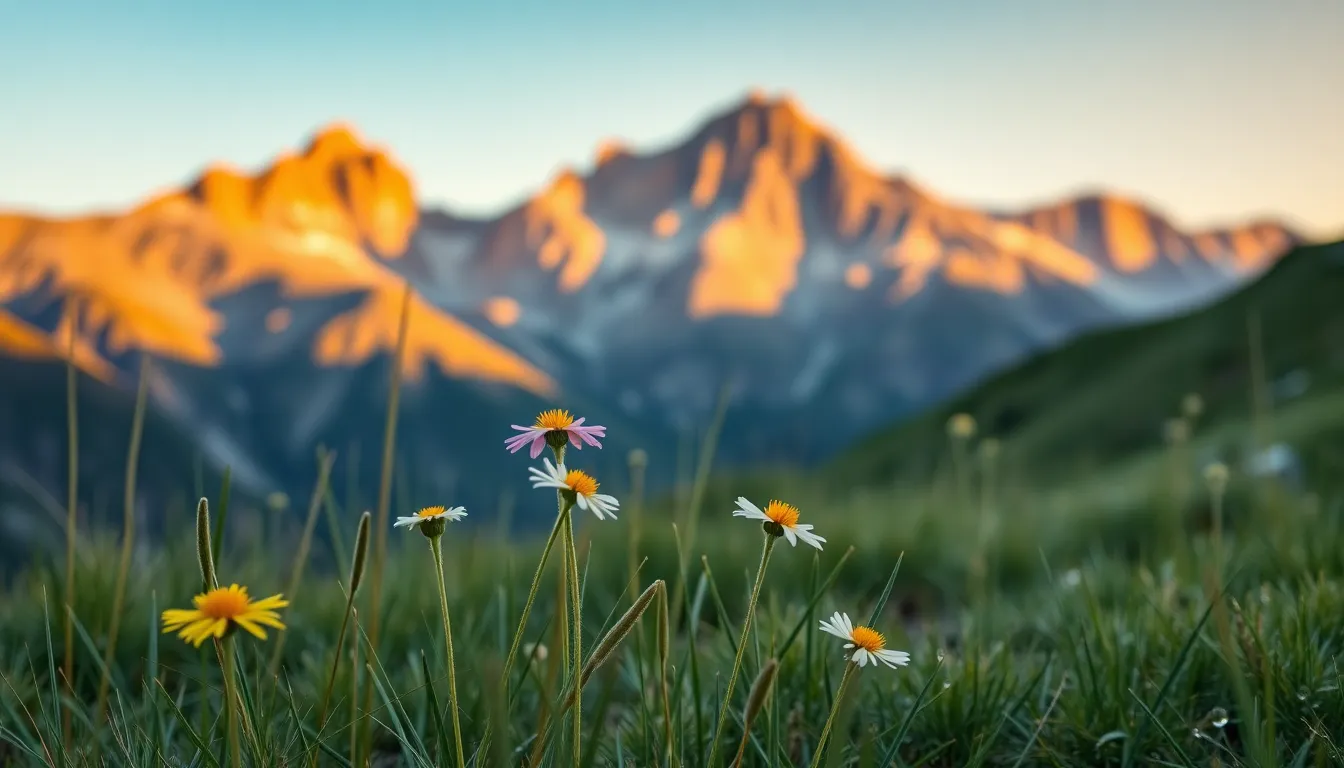 This stunning image captures vibrant wildflowers in the foreground with majestic mountains in the background. The warm glow of the golden hour enhances the textures of the petals and the rugged terrain. Soft bokeh emphasizes the wildflowers while the peaks remain slightly blurred, creating a harmonious balance. The overall color palette evokes a serene and tranquil mood, perfect for nature enthusiasts.