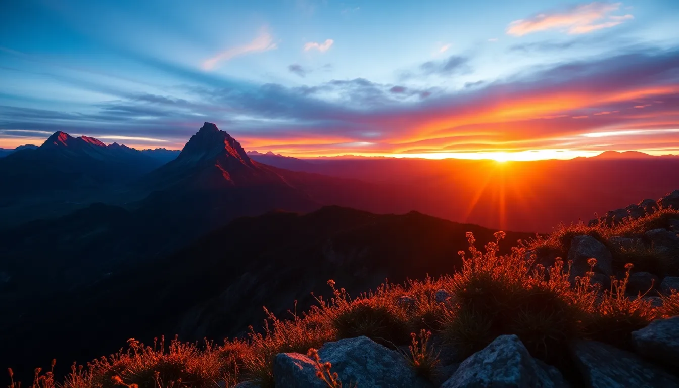 Experience the breathtaking beauty of a mountain range at sunset, where vibrant oranges and purples paint the sky. Long shadows stretch across rugged peaks, enhancing the dramatic landscape. The sharpness from foreground to infinity draws the viewer into the scene, inviting them to appreciate nature's grandeur. This panoramic view captures a moment of transition, evoking feelings of awe and tranquility.