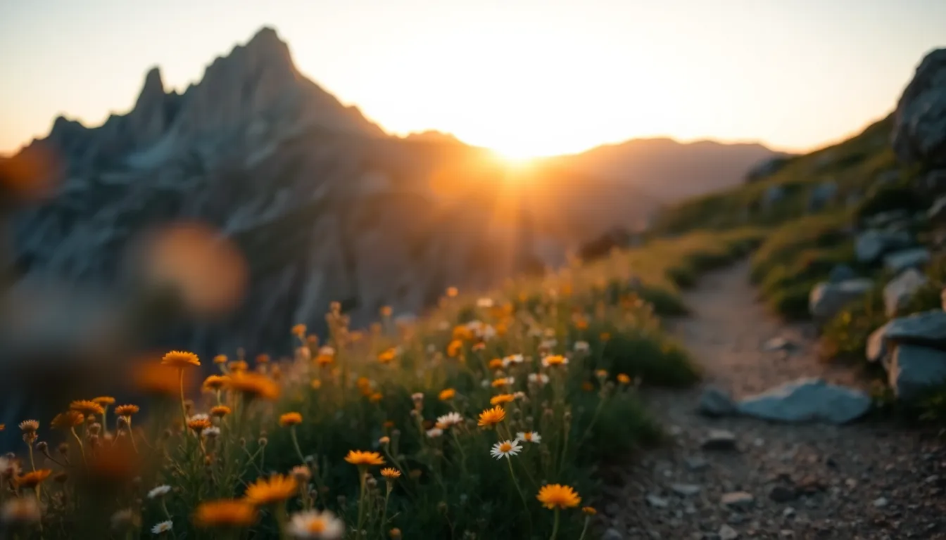 Golden Hour Mountain Range with Wildflowers