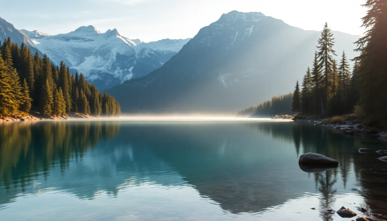 This image depicts a serene alpine lake, nestled amidst towering pine trees and majestic snow-capped mountains. The soft morning light imbues the scene with tranquility, while the lake's clear surface perfectly reflects the surrounding beauty. A shallow depth of field highlights the lake, allowing the background to melt softly into hues of blue and green. This peaceful composition invites viewers to bask in the calmness of nature’s untouched paradise.