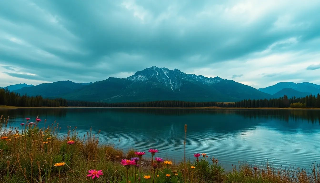 This stunning image features a tranquil mountain lake perfectly reflecting the surrounding peaks under an overcast sky. The rich saturation of colors brings out the deep blues of the water and lush greens of the flora. The centered composition highlights the symmetry between the mountains and their reflection, offering a sense of peace and stillness. The crisp details capture the gentle ripples on the lake's surface, enhancing the overall serenity of the scene.