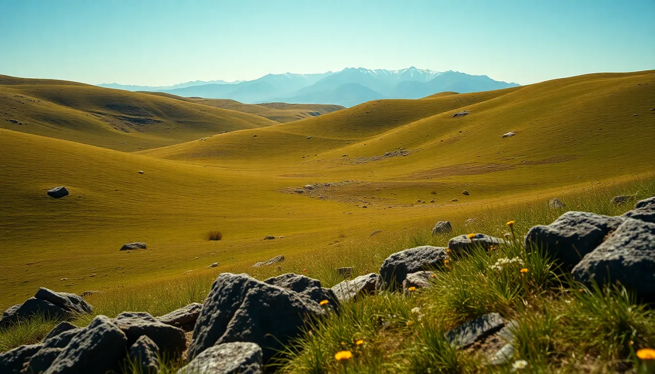 This vibrant image captures the beauty of rolling hills stretching toward a majestic mountain range on a clear day. The hyperfocal focus creates an immersive depth where every detail, from the grass in the foreground to the peaks in the distance, remains sharp. The saturated colors evoke a sense of life and vitality, while the composition's leading lines draw the viewer into the scenic vista. This landscape is perfect for nature enthusiasts looking to enjoy the serene beauty of mountainous terrain.