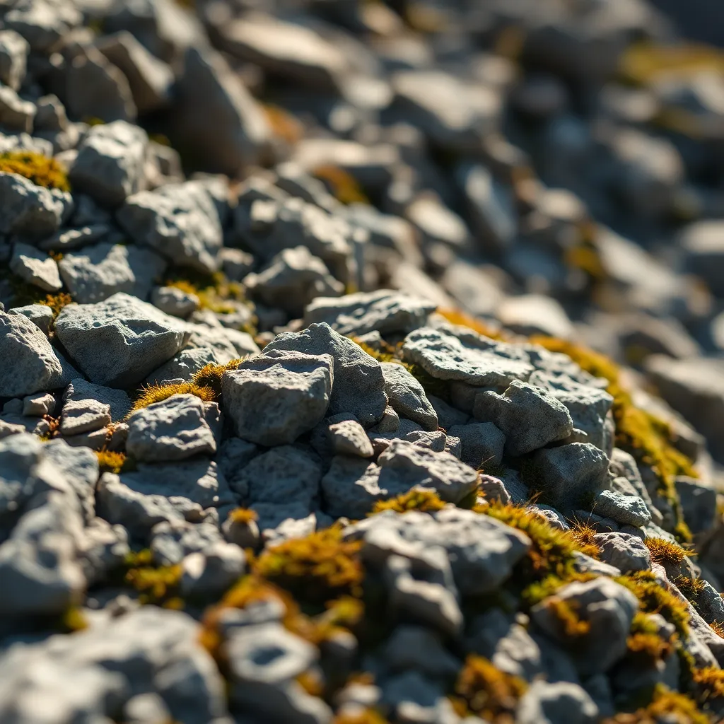 This macro shot showcases the rugged surface of a rocky mountain, revealing its intricate textures and patterns. Dappled sunlight highlights the natural beauty of the stones and vibrant moss, emphasizing the earthy color palette. The shallow depth of field draws attention to the details while softening the background, creating an intimate view of nature's formations. This image captures the essence of the mountain's harshness and beauty.