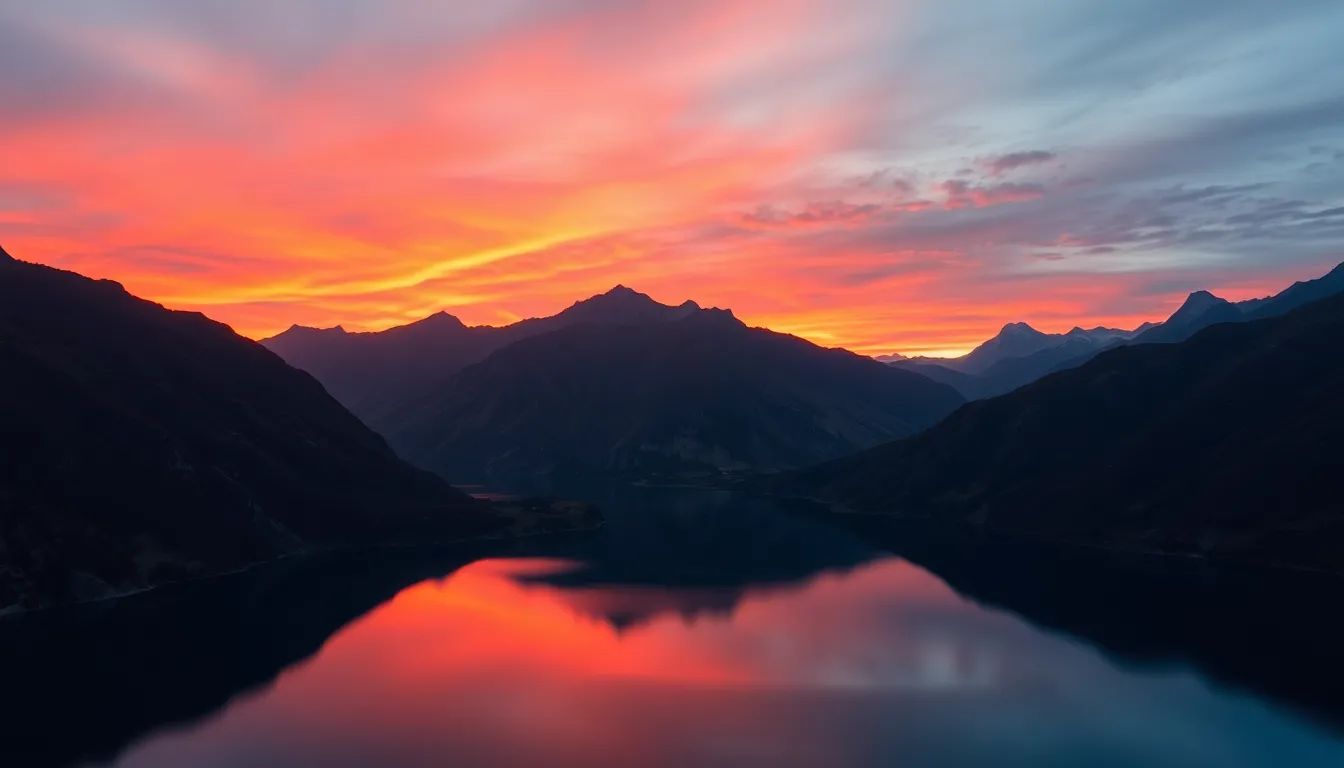 This breathtaking image captures a stunning sunset over a mountain ridge, with vibrant orange and pink hues reflecting beautifully in the tranquil lake below. The dramatic atmosphere is enhanced by the hyperfocal sharpness throughout the scene, bringing every detail into crisp focus. The cinematic color grading emphasizes the warm tones, evoking a peaceful mood. The centered symmetrical composition draws all attention to the lake bordered by majestic mountains, making it perfect for nature and travel themes.