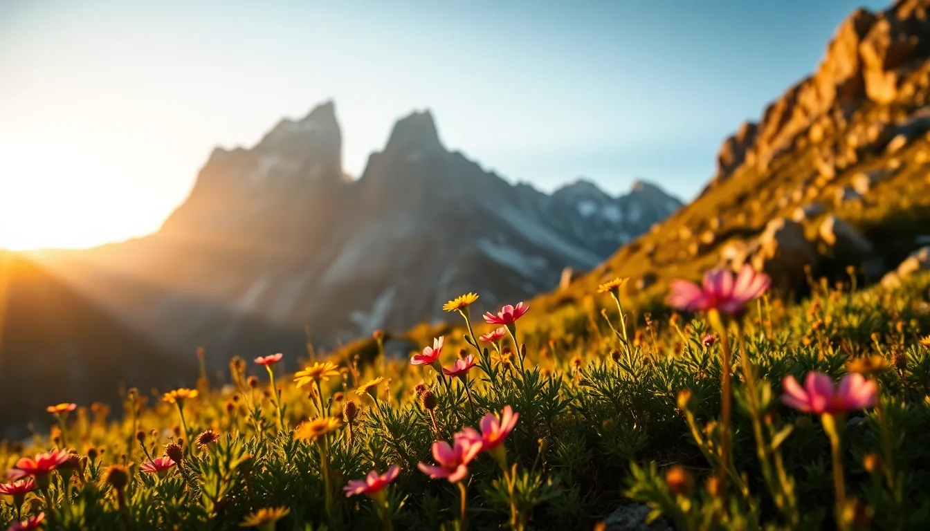 This mesmerizing landscape captures the grandeur of towering snow-capped mountains during a vibrant sunrise. The image features stunning golden hour lighting that enhances the warm hues in the sky while illuminating the rugged terrain below. In the foreground, delicate wildflowers add a touch of color, contrasting beautifully with the rocky textures of the mountains. The overall mood is one of tranquility and awe, inviting viewers to appreciate the breathtaking beauty of nature.