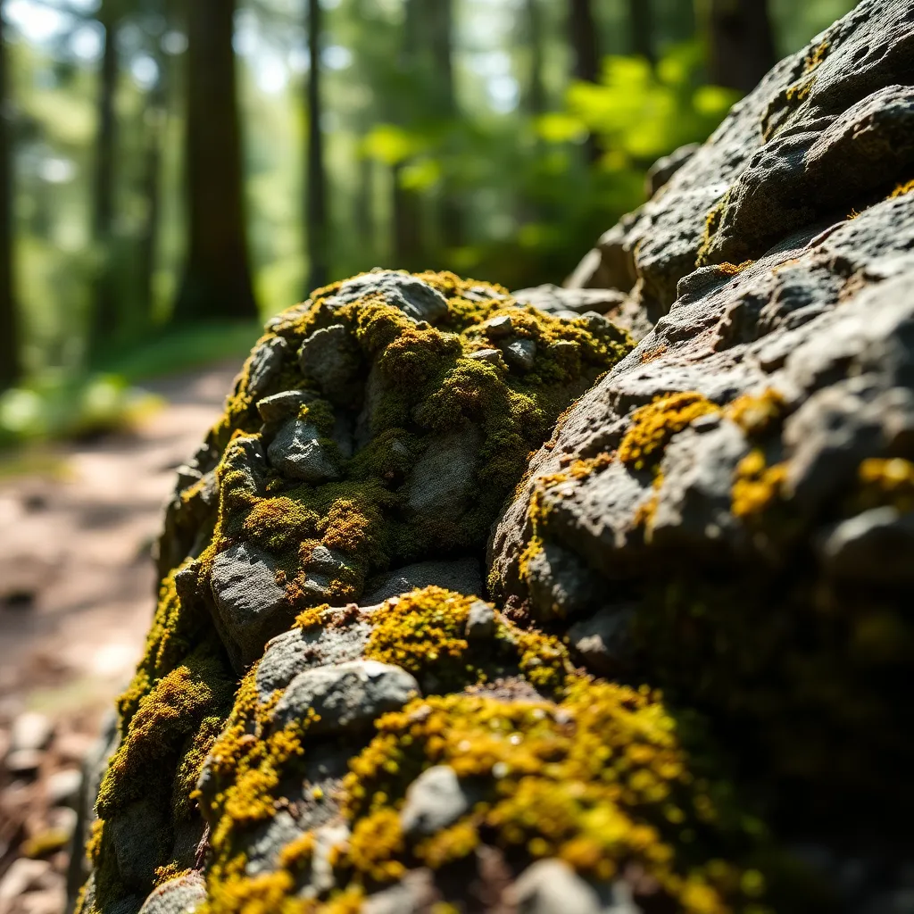 Explore the intricate beauty of nature with a close-up shot of lichen-covered rocks on a mountain trail. Dappled sunlight filters through the trees, illuminating the textures of moss and stone. The rich, muted earth tones create a serene atmosphere, inviting viewers to appreciate the subtle details often overlooked in nature. This image captures the essence of mountain trails and the delicate ecosystems they support.