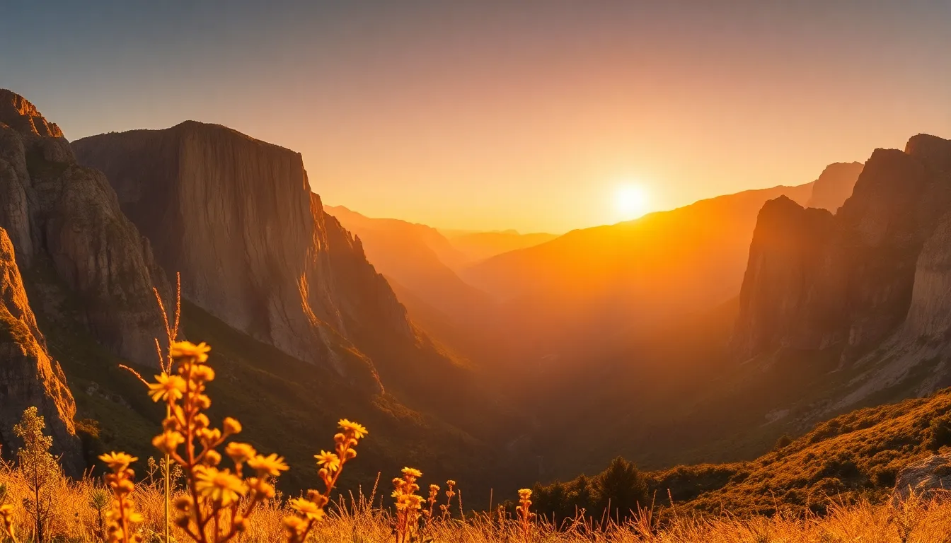 Golden Hour Panoramic Mountain Landscape This breathtaking panoramic photograph showcases a magnificent mountainous landscape during the golden hour. Towering cliffs and lush valleys are bathed in warm, golden light, creating a striking visual effect. With hyperfocal distance, the image captures both the delicate wildflowers in the foreground and the majestic cliffs in the background in stunning detail. The sweeping lines of the landscape invite the viewer to explore the vastness and beauty of nature.