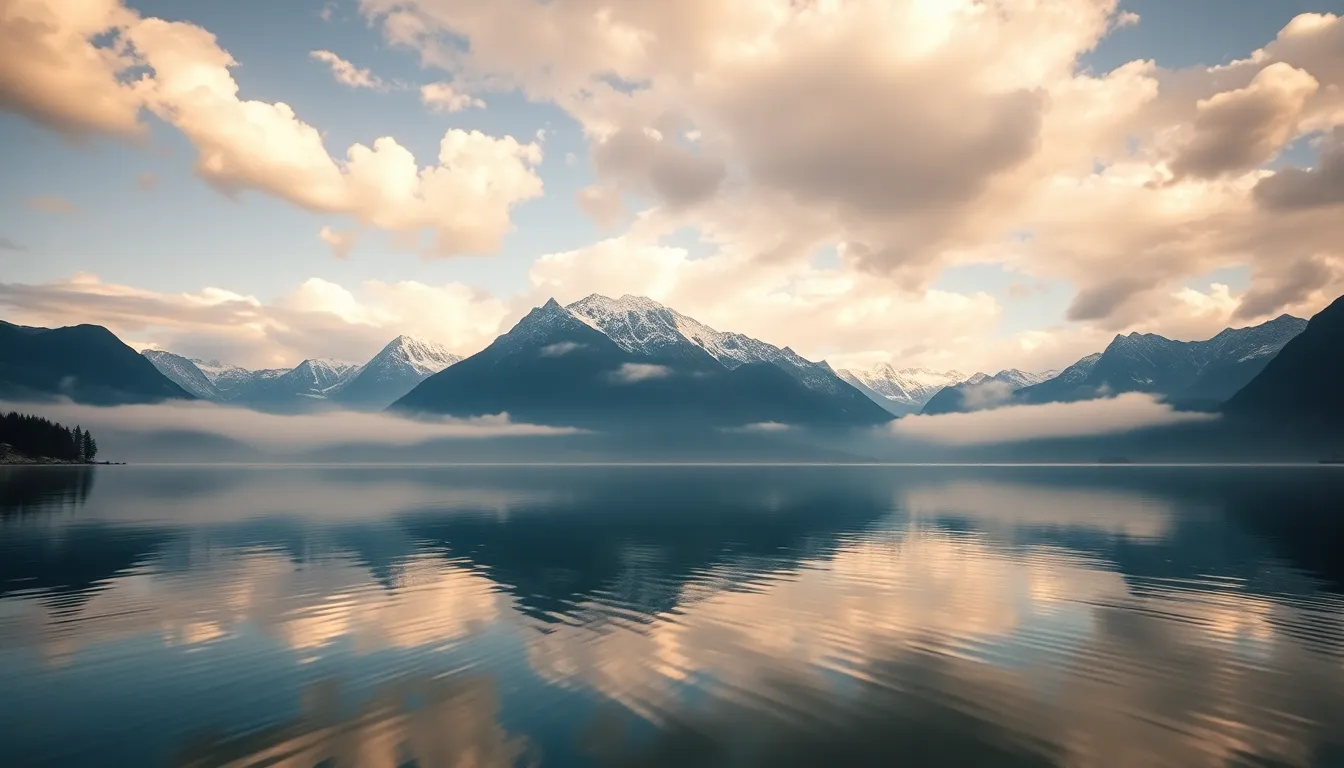 This serene image captures the tranquil beauty of an alpine lake perfectly reflecting towering peaks and vibrant cloud formations. Morning mist rises gently from the water's surface, illuminated by soft light that enhances the tranquil mood. The hyperfocal distance ensures sharpness from the foreground reflections to the distant mountains, with a centered composition that showcases the perfect symmetry of the landscape.
