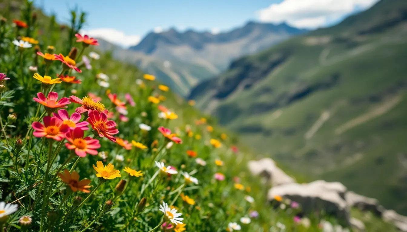 A lively image featuring colorful wildflowers in the foreground, beautifully framing the majestic mountains in the background. The bright midday sun casts interesting shadows, adding depth to the scene. The vibrant colors of the flowers pop against the lush greens, inviting viewers into this breathtaking landscape. This composition, enriched by the texture of flower petals and rugged mountain surfaces, evokes a sense of wonder and appreciation for nature’s beauty.