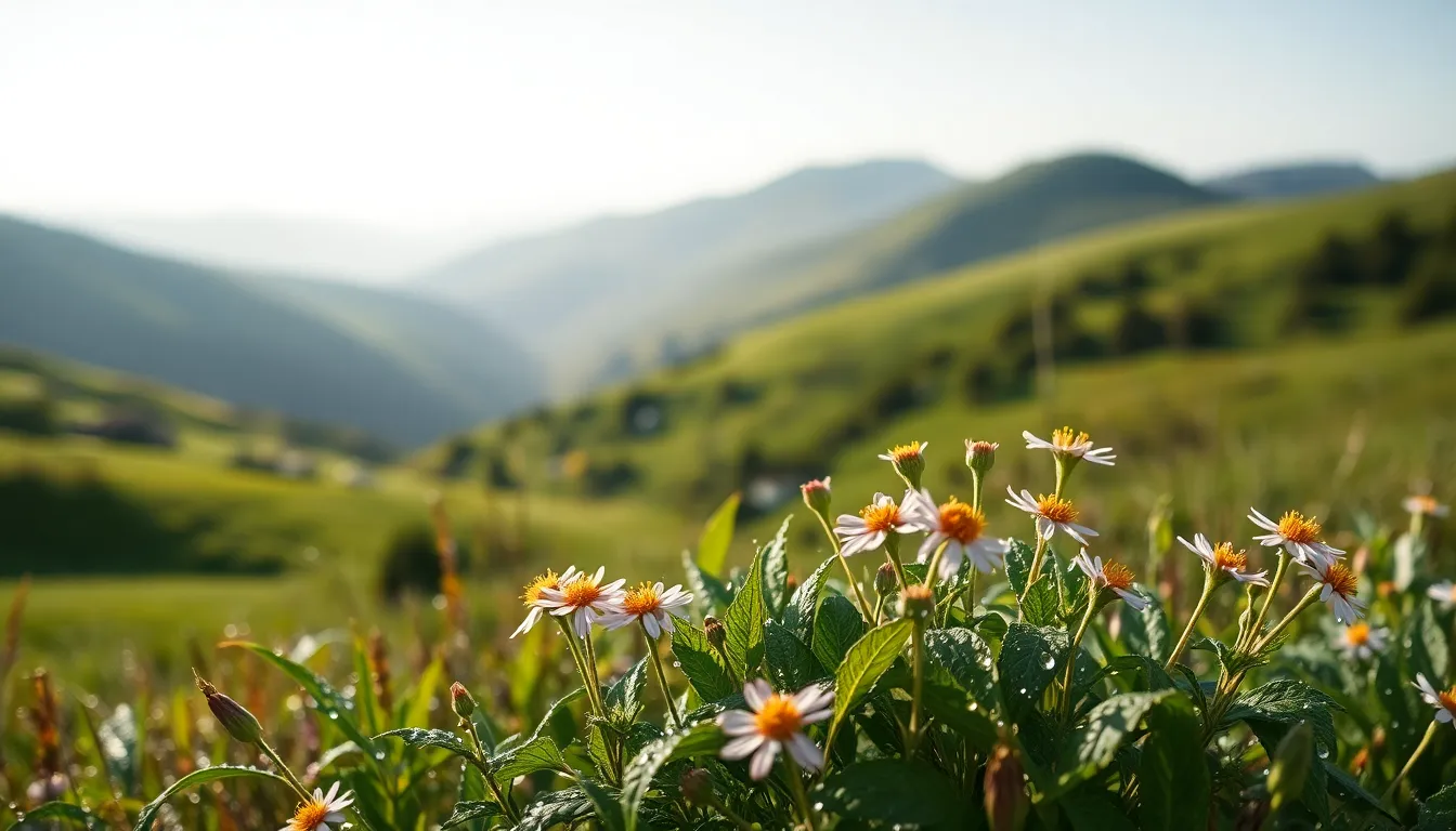 This serene image captures the vibrant flora of lush green mountain slopes on a crisp morning, where dew droplets glisten under the soft morning light. The natural muted tones create a calming atmosphere, inviting viewers to connect with the fresh beauty of nature. A foreground cluster of wildflowers leads the eye upward towards the distant mountains, showcasing the diverse textures of leaves and petals. This moment embodies the tranquility of nature at dawn.
