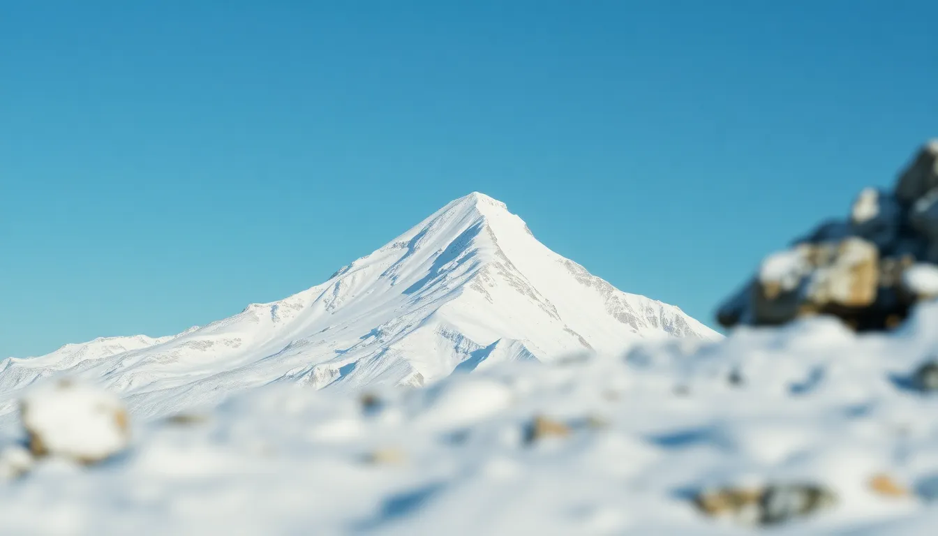 This breathtaking alpine scene features a majestic snow-capped mountain peak set against a clear blue sky. The image captures the intricate details of the icy surface and rocky outcrops, showcasing the serene beauty of nature. The natural muted tones and hyperfocal focus create a sense of depth, inviting viewers to explore the rugged textures and pristine environment. This stunning image exemplifies the tranquility of the high mountains.