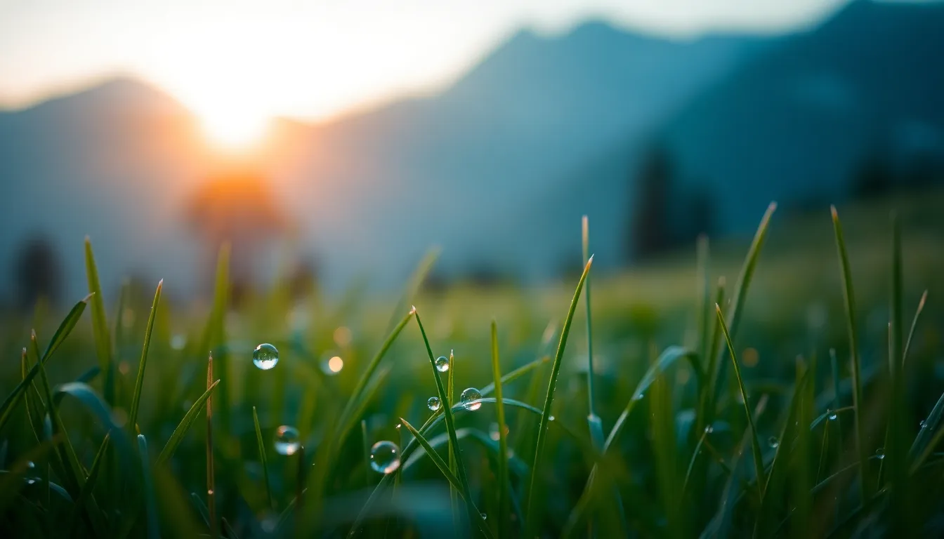 This stunning macro photograph captures the delicate details of morning dew on blades of grass, glistening in the soft light of dawn. The sun rises behind majestic mountains, creating an elegant contrast between the vibrant colors of the foreground and the serene hues of the landscape. The shallow depth of field adds a dreamy quality, drawing the viewer's eye to the intricate textures of the dew-laden grass while allowing the mountains to loom majestically in the background.