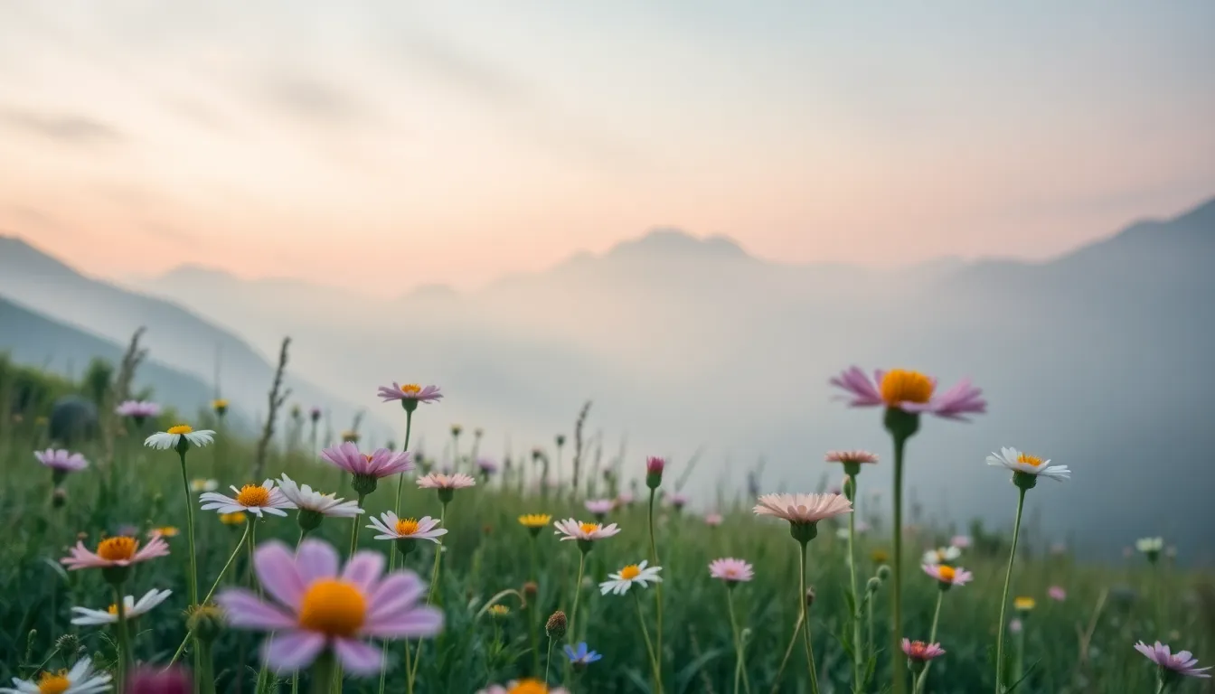 This enchanting image showcases misty mountains enveloped in soft light, creating a dreamy atmosphere. The natural light streams through the mist, illuminating delicate wildflowers in the foreground while the distant mountain ridges maintain stunning clarity. With a soft pastel color palette and muted hues, the scene evokes a sense of tranquility and peace. The composition's framing draws the eye from the vibrant flowers toward the majestic mountains, inviting viewers to appreciate the beauty of nature.