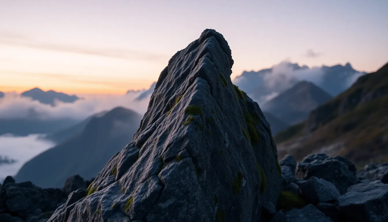 An evocative scene capturing a mountain landscape during twilight. The soft light creates a moody atmosphere, with mist rolling over the distant peaks. A large, jagged rock in the foreground adds depth to the image, drawing the viewer's eye toward the mountains. The muted color palette of deep purples and blues enhances the tranquil yet mysterious feel of the natural environment.