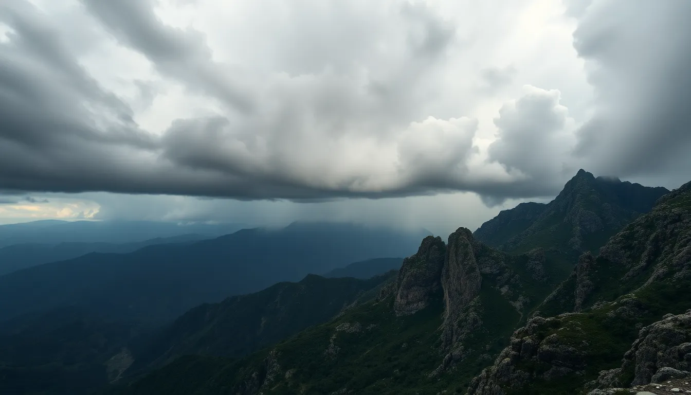 This powerful image depicts a dramatic thunderstorm brewing over distant mountains, with heavy rain creating a moody atmosphere. The composition employs a Dutch angle to convey urgency, while the muted color palette emphasizes the stormy greens and grays of the landscape. The hyperfocal sharpness showcases the rough textures of the mountain faces and the swirling clouds, immersing the viewer in the wildness of nature's fury.