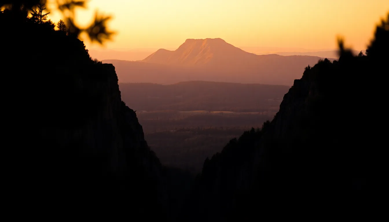 In this serene mountain landscape, the soft glow of sunset casts a warm hue over the rugged summits. Silhouetted trees frame the scene, adding depth to the composition. The warm colors and soft textures create a peaceful mood, capturing the essence of nature at dusk. The shallow depth of field emphasizes the stunning cliff textures while blurring the background into a dreamlike bokeh.