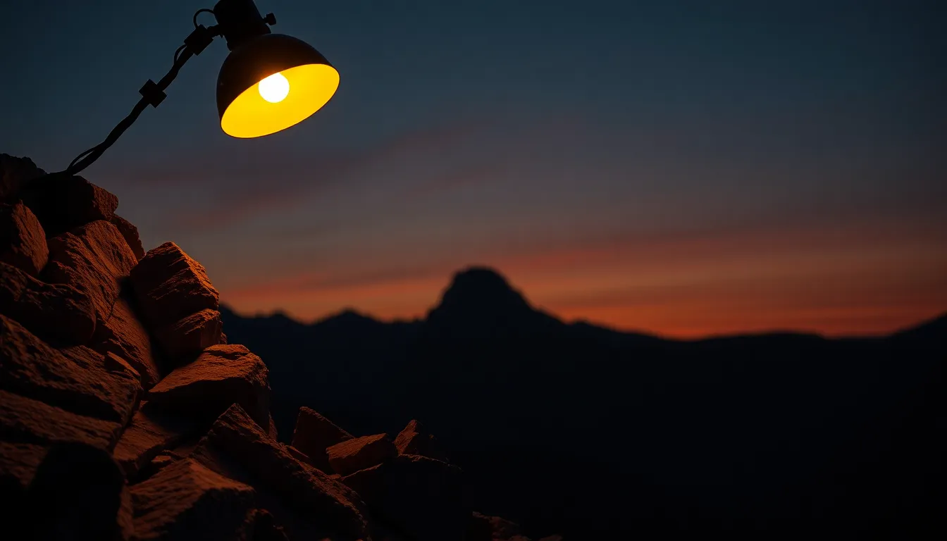 This stunning image captures the silhouette of mountains at twilight, beautifully contrasting against a sky that transitions from vibrant oranges to deep blues. The warm tungsten lighting creates dramatic shadows, enhancing the texture of the rocky surfaces. The composition is meticulously arranged to emphasize the mountains’ striking form, inviting viewers to immerse themselves in this tranquil twilight scene. The natural skin tones add a softness to the overall ambiance, making it feel both stunning and serene.