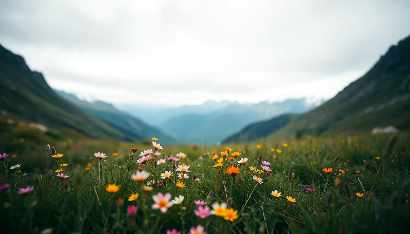 This tranquil scene showcases a vibrant wildflower meadow set against a backdrop of majestic, softly blurred mountains. The overcast sky provides gentle, diffused lighting, enhancing the natural muted tones of the landscape. The selective focus draws attention to the intricate details of the wildflowers, creating a serene and calming atmosphere that invites viewers to immerse themselves in nature's beauty.