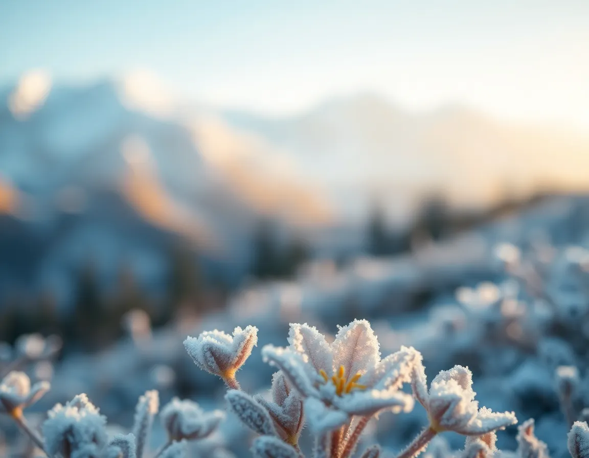 This enchanting close-up image showcases the delicate beauty of frost-covered flowers blooming against a majestic mountain backdrop. Soft, diffused morning light casts a gentle glow over the scene, enhancing the shimmering frost and intricate textures of the petals. The serene color palette of cool whites and soft blues adds to the wintery charm. The composition elegantly balances the flowers in the foreground with the blurred mountain scenery, inviting viewers into this tranquil moment in nature.
