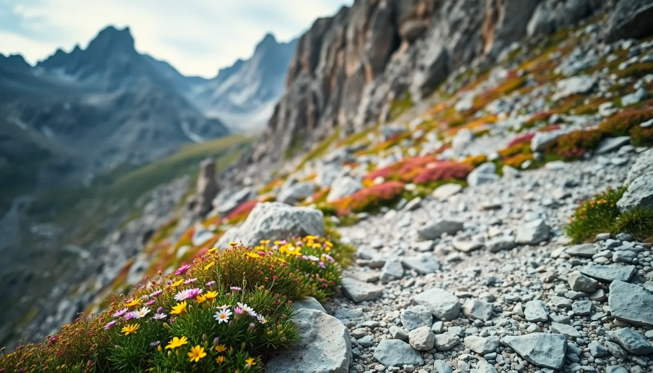 This striking image showcases rugged mountain terrain adorned with dramatic rock formations and vibrant alpine vegetation. Soft, diffused daylight highlights the textures of both the rocks and foliage, creating a serene atmosphere. The sharp focus on colorful wildflowers in the foreground contrasts beautifully with the softly blurred mountains behind. The natural muted colors evoke a sense of calm, while the leading line of the rocky path draws viewers into the scene.