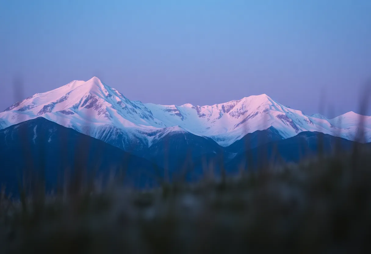 This enchanting image showcases a stunning view of snow-capped mountains during twilight, where the last light of day tinges the snow with a soft pink hue. Deep blue shadows add depth and contrast, creating a serene and captivating atmosphere. The symmetrical composition invites viewers' attention to the majestic peaks, while the intricate textures of the snow and foreground grasses further enhance the beauty of this tranquil mountain landscape.