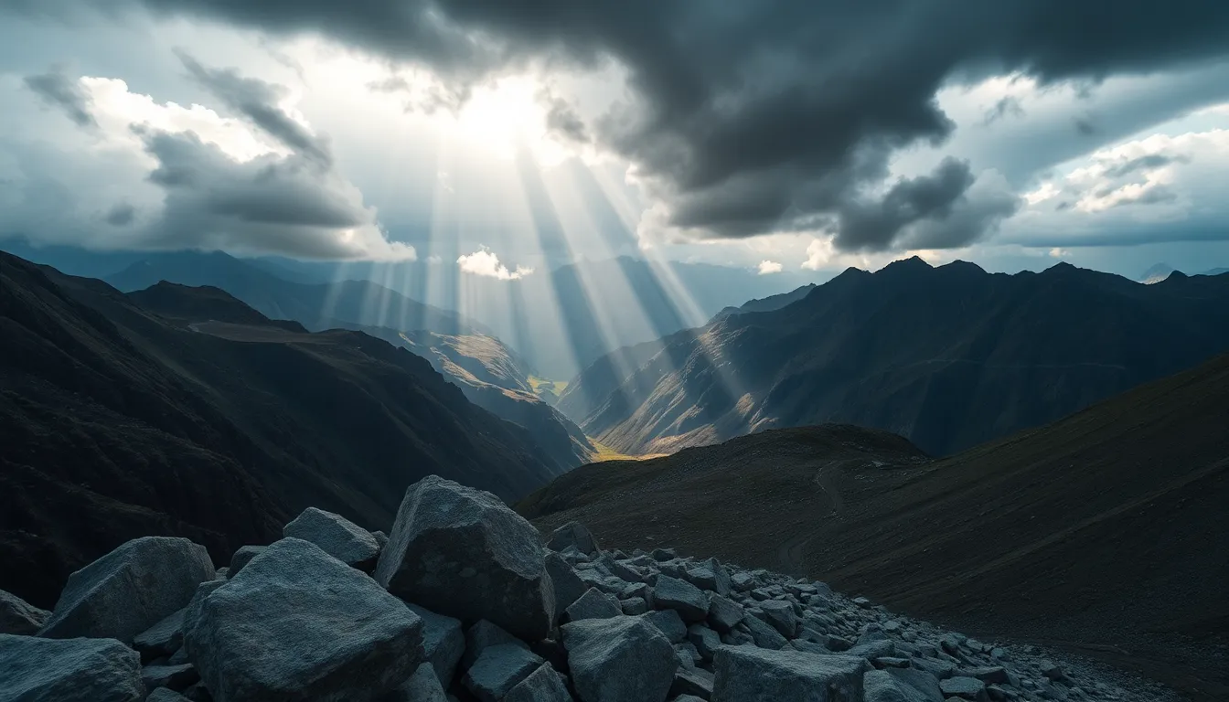 This dramatic landscape captures a mountain pass during a fierce storm. Dark clouds swirl ominously overhead, while shafts of sunlight pierce through, illuminating the rugged terrain. The winding road leads the viewer's eye deeper into the scene, enhancing the sense of scale. The cinematic teal and orange grading adds intensity to the portrayal of nature's majesty in all its glory.