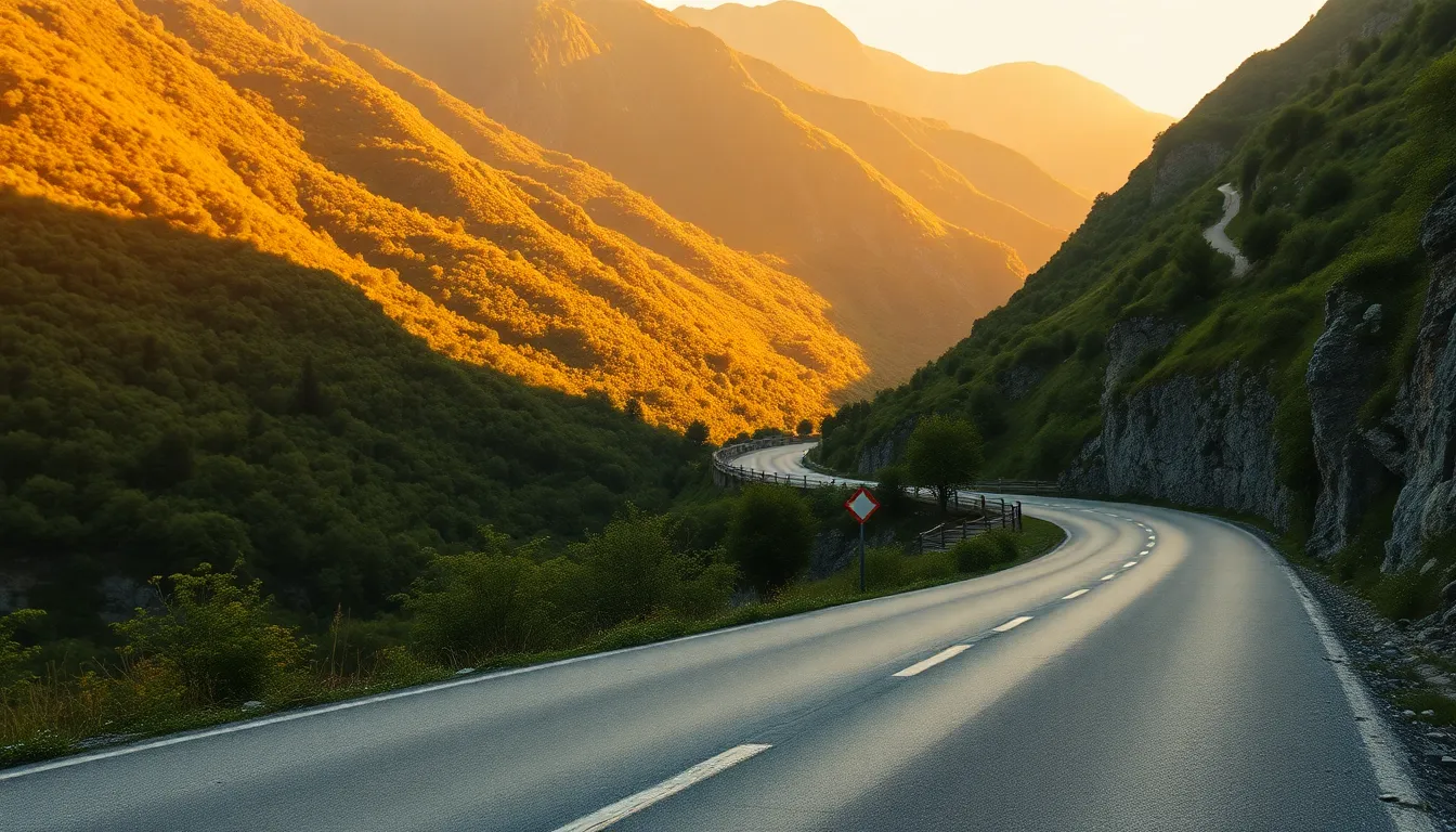 This picturesque image captures a winding mountain road that meanders through a verdant valley at golden hour. The warm sunlight bathes the landscape in rich golden hues, enhancing the vibrant greens of the trees and the textures of the rocky outcrops. The composition invites exploration, guiding the viewer's eye along the road. A shallow depth of field allows the road to remain sharp while the lush surroundings melt into a soft, inviting blur.