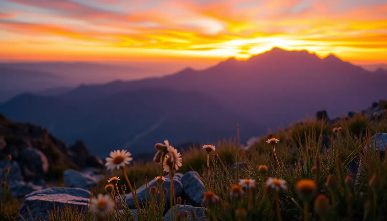 A breathtaking view of a mountain peak illuminated by the warm light of the golden hour. The photograph highlights the rugged texture of the weathered rocks, adorned with patches of vibrant green moss. The soft bokeh foreground adds depth, drawing the viewer's eye to the towering peak, creating a tranquil and serene atmosphere. The natural muted tones enhance the earthy feel of this majestic scene.