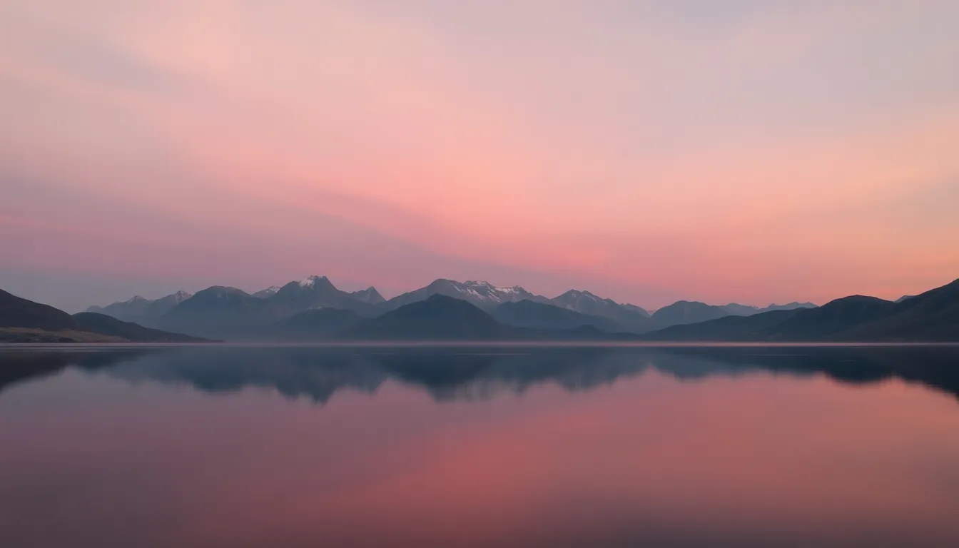 Experience the tranquility of twilight in this stunning mountain landscape. The serene lake reflects the majestic peaks and a sky filled with soft pink and purple hues. The rich textures of the rocky mountains contrast with the smooth water, creating a peaceful and balanced composition. Photographed with a precise depth of focus, every detail from the foreground to the background is captured beautifully.