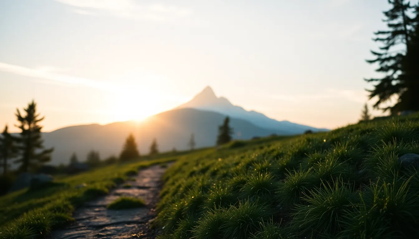 A captivating image of a winding path leading towards majestic mountains, captured just after sunrise. The dappled sunlight filters through the surrounding trees, creating an enchanting atmosphere. The selective focus highlights the mountain peaks while the foreground features dew-covered grass and rugged boulders, adding rich texture. The warm colors and soft lighting evoke a sense of peace and adventure in nature.