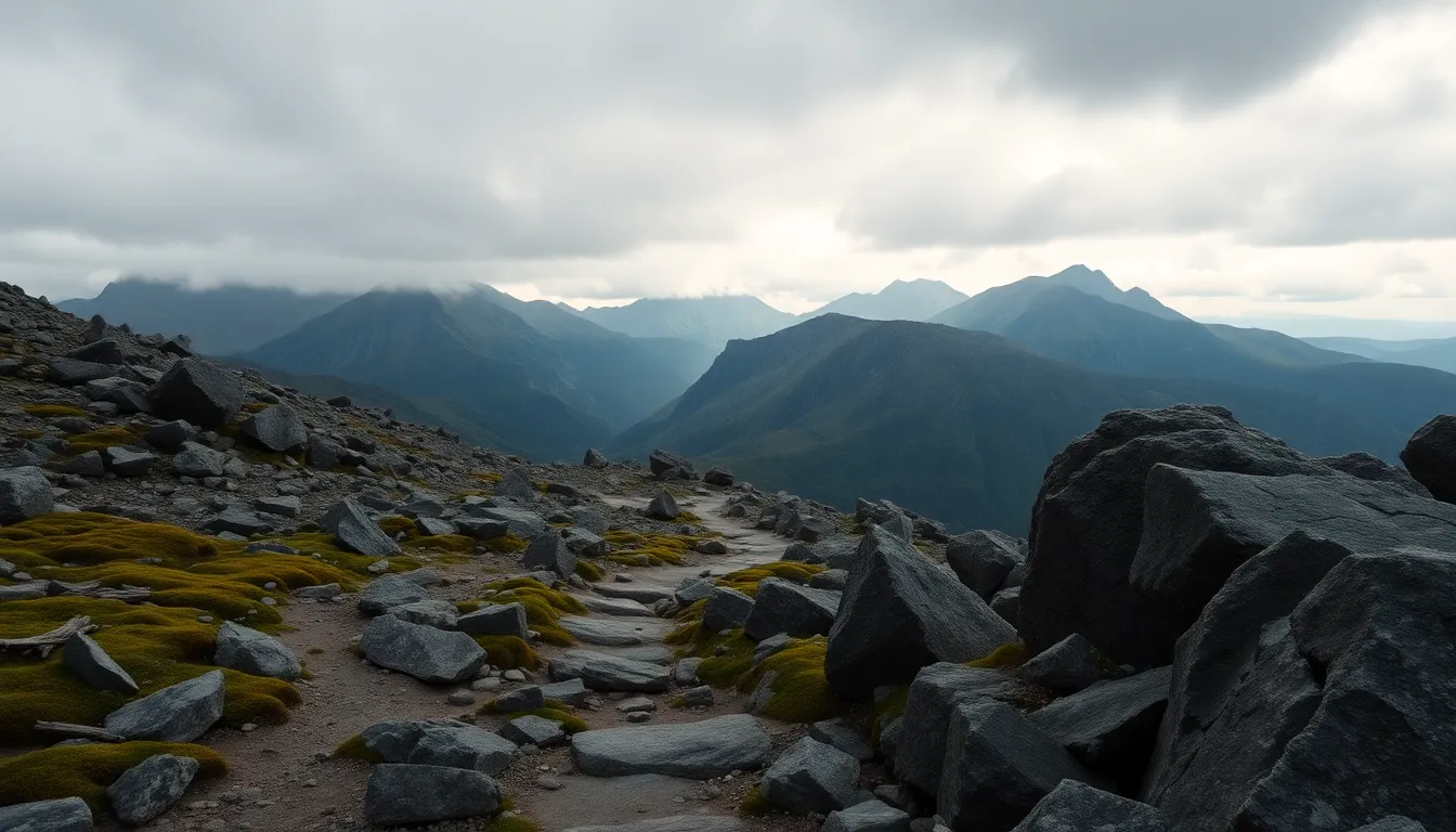 This image captures a dramatic mountain trail set under overcast skies, highlighting the rugged terrain and natural beauty. The path, winding through rocky outcrops and lush moss, creates leading lines that draw attention to the mountain peaks in the distance. The warm color palette of Kodak Portra 400 adds depth, while the sharp details in the rocks contrast beautifully with the soft greenery. This serene yet powerful scene embodies the essence of nature's majesty.