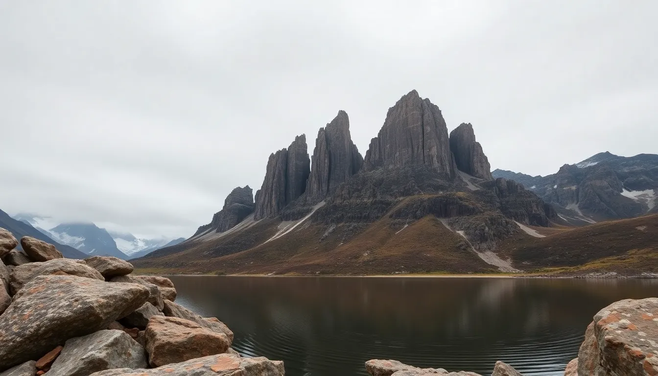 This captivating image features the stunning reflections of rugged mountains in a serene lake. The overcast lighting creates a soft ambiance that emphasizes the details of the rock formations. The symmetrical composition draws the viewer into the tranquil scene, while the muted color palette enhances the natural beauty of the landscape. This picturesque moment is perfect for any nature lover looking to embrace the serenity of mountainous terrain.