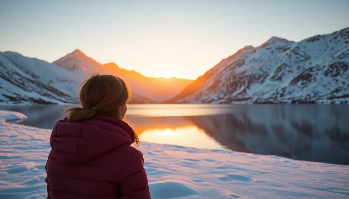 A breathtaking view of snowy mountains during the golden hour, beautifully illuminated by warm backlighting. The peaks reflect a warm glow against the serene lake in the foreground, creating a captivating symmetry. The composition follows the rule of thirds, emphasizing both the mountain range and the tranquil water surface. The warm color palette enhances the photo's inviting mood, drawing viewers into this stunning natural landscape.