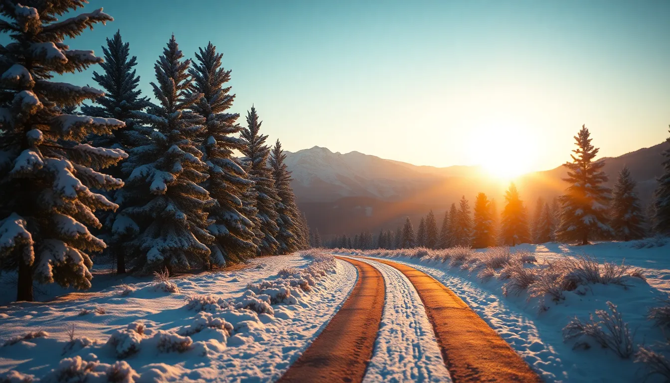 A peaceful winter scene unfolds as golden hour light bathes snow-covered mountain peaks in a warm glow. The image showcases a serene pathway winding through frosty pine trees that lead the eye towards the majestic mountains. Natural muted tones evoke a calm atmosphere, while sharp details from foreground to background create an immersive visual experience.