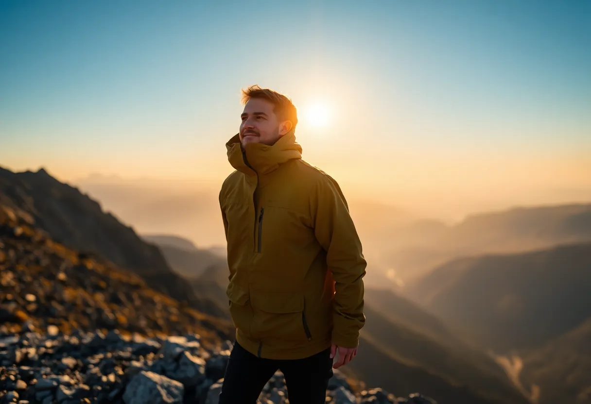 In this captivating image, a lone hiker stands atop a rocky outcrop, gazing out over a stunning valley filled with the fiery colors of autumn. The soft, diffused lighting creates an inviting atmosphere, perfectly capturing the tranquil beauty of the moment. The rich textures of the rough rocks juxtapose with the vibrant foliage below, making for an engaging composition. This scene embodies the spirit of exploration and the awe of nature’s seasonal transformations.