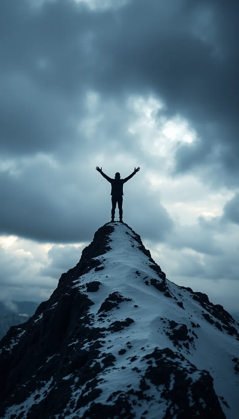 Lone Hiker Triumphs on Snow-Capped Peak This striking image features a solitary hiker standing triumphantly atop a snow-covered mountain, arms spread wide in celebration. Positioned against a backdrop of dark storm clouds, the atmosphere conveys a sense of adventure and isolation. The cool, moody color palette enhances the dramatic tension, while the shallow depth of field draws focus to the hiker, creating a profound emotional connection with the viewer.